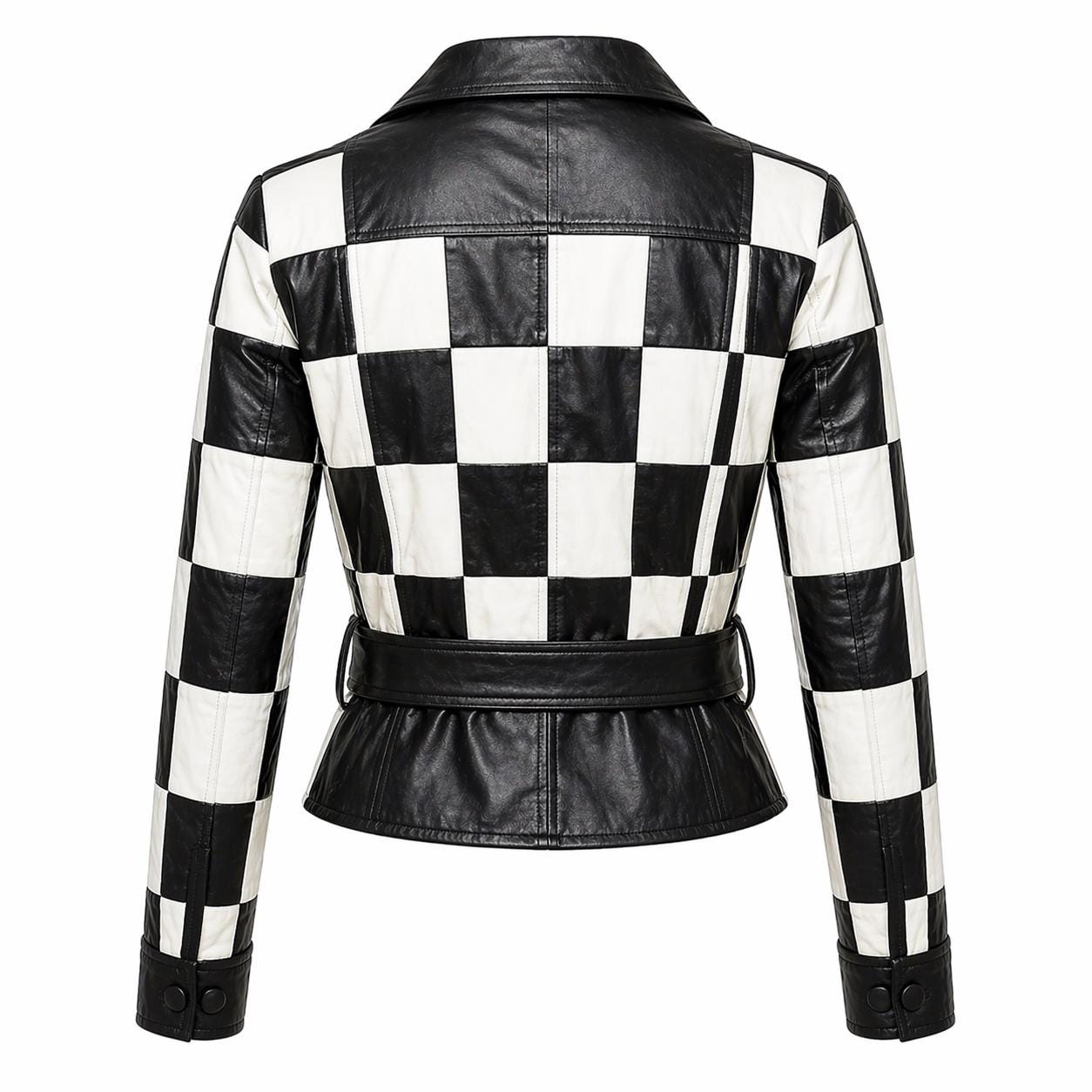 Women's Black White Checkered Real Leather Jacket – Belted Moto Biker ...