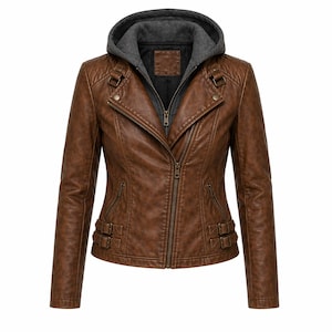 May include: Brown faux leather jacket with a detachable gray hooded lining. The jacket features a zip-up front, multiple pockets, and decorative buckles. The design includes quilted shoulder detailing and a classic biker jacket silhouette.