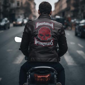 Puede incluir: Chaqueta de moto de cuero negro con el logotipo de Harley-Davidson en la espalda. El logotipo presenta un diseño de calavera roja con las palabras "Harley-Davidson" y "Motorcycles" en letras blancas y rojas. La chaqueta la lleva una persona montada en una moto.
