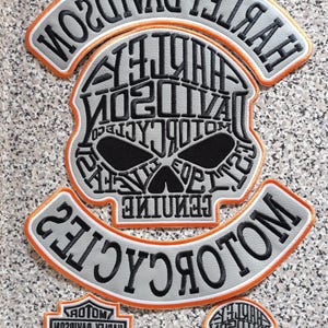 Puede incluir: Un conjunto de parches de Harley-Davidson en varias formas. El parche principal es un diseño de calavera con el nombre de la marca incorporado. Los parches son grises con letras negras y ribetes naranjas.