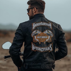 Puede incluir: Chaqueta de moto de cuero negro con el logo de Harley-Davidson en la espalda. El logo presenta el nombre de la marca, gráficos de águilas y la palabra "Motorcycles" en naranja y blanco.