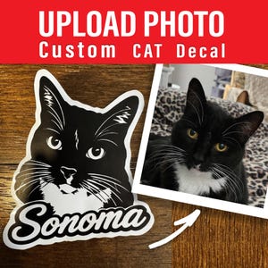 Puede incluir: Una calcoman&iacute;a de gato personalizada que presenta una ilustraci&oacute;n en blanco y negro de un gato con el nombre Sonoma escrito en una fuente cursiva blanca debajo del retrato felino, junto a una foto cuadrada del mismo gato.