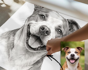 May include: A black and white pencil drawing of a smiling dog, with a color photograph of the dog in the corner. The drawing is detailed, showing the dog's fur and expression. The dog in the photograph has brown and white fur.
