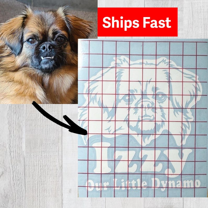 Puede incluir: Una calcoman&iacute;a de vinilo azul claro que presenta una ilustraci&oacute;n de l&iacute;neas blancas de la cara de un perro, el nombre Izzy en letras blancas grandes y el texto Our Little Dynamo en letras blancas m&aacute;s peque&ntilde;as, todo con una cuadr&iacute;cula roja.