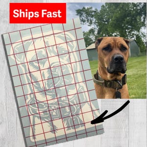 Puede incluir: Una calcoman&iacute;a de vinilo con una ilustraci&oacute;n de l&iacute;neas estilizadas de un perro con collar, superpuesta con un patr&oacute;n de cuadr&iacute;cula roja. Junto a la calcoman&iacute;a hay una fotograf&iacute;a de un perro marr&oacute;n con hocico negro y collar t&aacute;ctico verde.