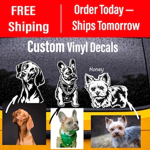 May include: Custom vinyl decals featuring black and white graphic illustrations of three different dog breeds. The design includes the text Custom Vinyl Decals, along with three reference photographs of a Vizsla, a French Bulldog, and a Yorkshire Terrier.