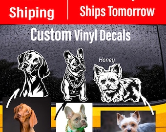 May include: Custom vinyl decals featuring black and white graphic illustrations of three different dog breeds. The design includes the text Custom Vinyl Decals, along with three reference photographs of a Vizsla, a French Bulldog, and a Yorkshire Terrier.