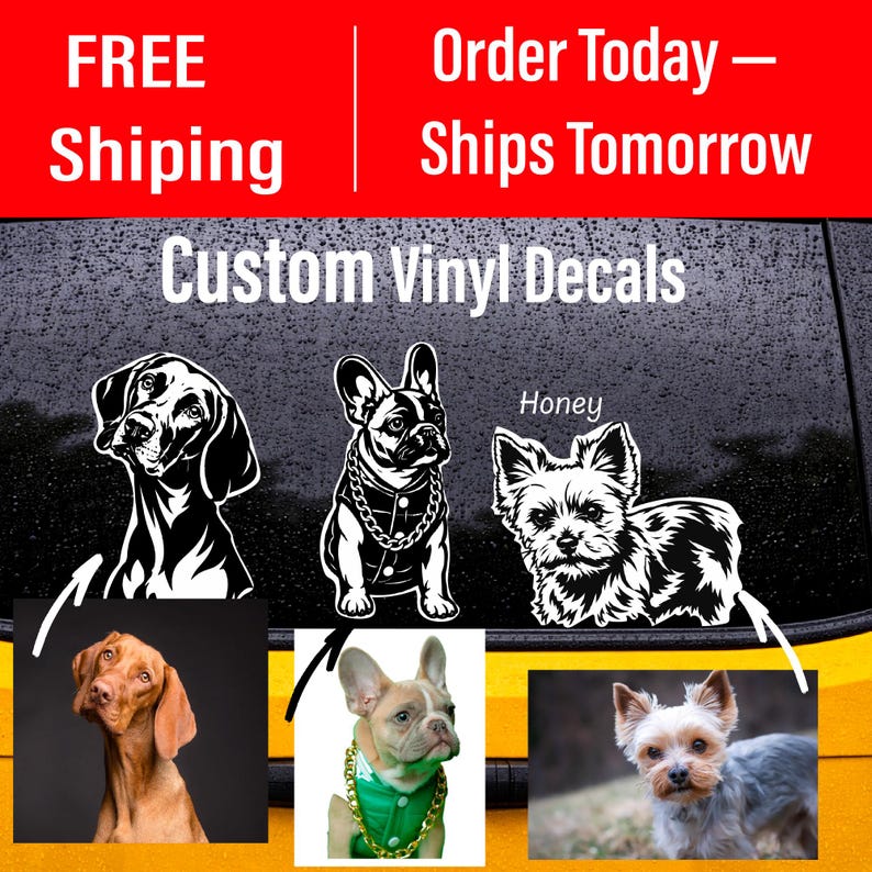 Puede incluir: Adhesivos de vinilo personalizados con ilustraciones gr&aacute;ficas en blanco y negro de tres razas de perros. El dise&ntilde;o incluye el texto Custom Vinyl Decals, junto con tres fotograf&iacute;as de referencia de un Vizsla, un bulldog franc&eacute;s y un Yorkshire.