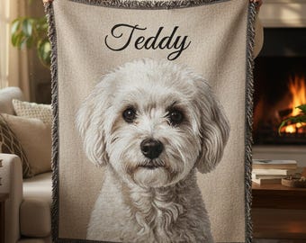 Manta de tapiz con nombre personalizado: Foto personalizada de gato y perro (efecto acuarela), manta personalizada con retrato de mascota.