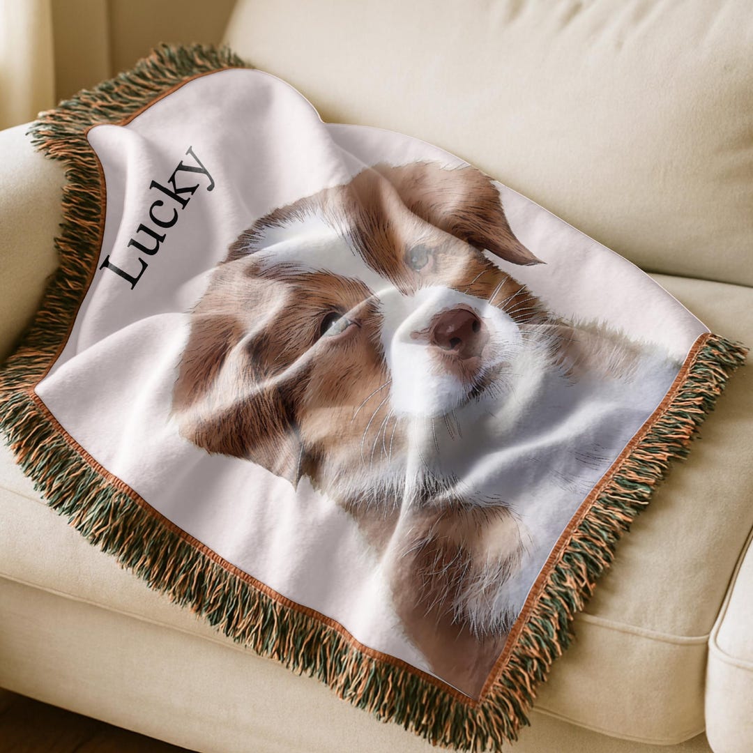 Custom Pet Portrait Woven Blanket, Dog Photo Throw, Pet Memorial Gift ...