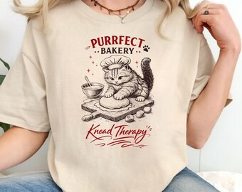 Camiseta divertida de panadería con gatos, camiseta de terapia de amasado, camiseta gráfica de gatito panadero, regalo para amantes de los gatos