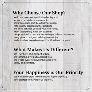 Puede incluir: Un gr&aacute;fico informativo rectangular con un fondo de grano de madera claro y texto en negro. El texto incluye los encabezados Why Choose Our Shop?, What Makes Us Different?, y Your Happiness is Our Priority, seguidos de p&aacute;rrafos que describen la misi&oacute;n de la tienda, el compromiso con la calidad y la satisfacci&oacute;n del cliente.