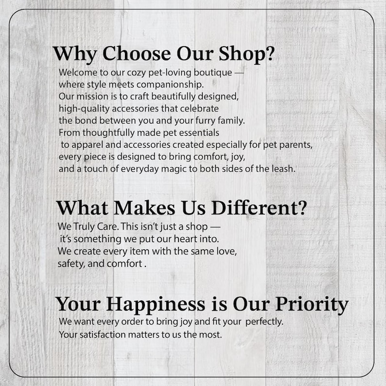 Puede incluir: Un gr&aacute;fico informativo rectangular con un fondo de grano de madera claro y texto en negro. El texto incluye los encabezados Why Choose Our Shop?, What Makes Us Different?, y Your Happiness is Our Priority, seguidos de p&aacute;rrafos que describen la misi&oacute;n de la tienda, el compromiso con la calidad y la satisfacci&oacute;n del cliente.