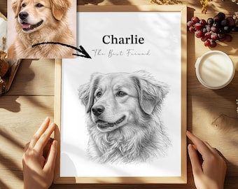 May include: A framed portrait of a dog with the name "Charlie" and the text "The Best Friend". The portrait is a pencil sketch of a golden retriever. A smaller color photo of the dog is in the upper left corner.