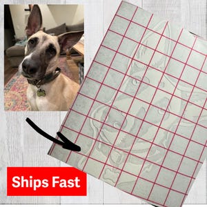 Puede incluir: Una hoja rectangular de vinilo adhesivo con una ilustraci&oacute;n de l&iacute;neas blancas de un perro con orejas puntiagudas y un collar con una placa en forma de hueso, superpuesta con una cuadr&iacute;cula roja y una flecha negra se&ntilde;alando hacia el cuello.