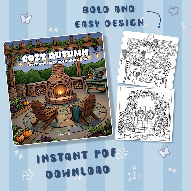May include: A digital coloring book titled Cozy Autumn featuring a colored illustration of a stone fireplace on a patio with two wooden chairs, alongside two black and white line art pages showing a dining room and a garden gate entrance.