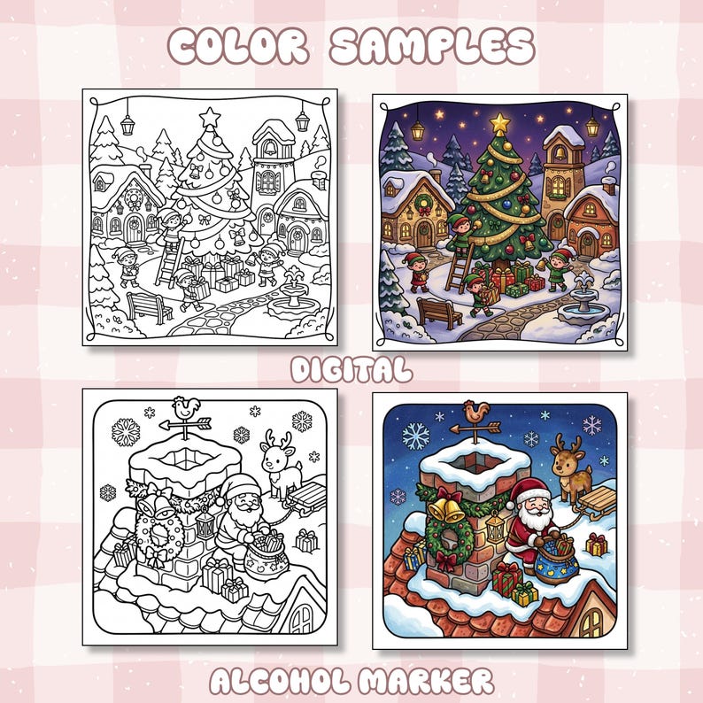 May include: Four square coloring pages featuring Christmas scenes. Two show elves decorating a tree in a snowy village, and two show Santa Claus on a rooftop with a reindeer. The text COLOR SAMPLES, DIGITAL, and ALCOHOL MARKER is visible.