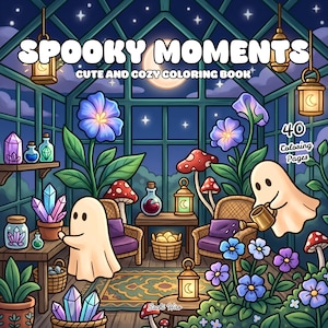 Könnte beinhalten: Ein Malbuch mit dem Titel Spooky Moments Cute and Cozy Coloring Book mit 40 Ausmalbildern. Das Cover zeigt zwei Geister in einem Gewächshaus mit blauen Blumen, Pilzen, Kristallen in Gläsern, Korbsesseln und leuchtenden Laternen.