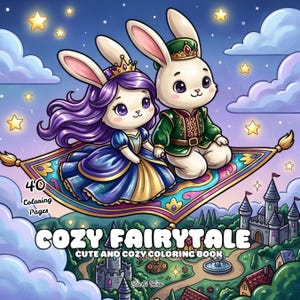 Pode incluir: Uma capa de livro de colorir intitulada COZY FAIRYTALE CUTE AND COZY COLORING BOOK com 40 Coloring Pages. A ilustração mostra dois coelhos de desenho animado em trajes reais num tapete mágico sobre um castelo sob um céu estrelado.