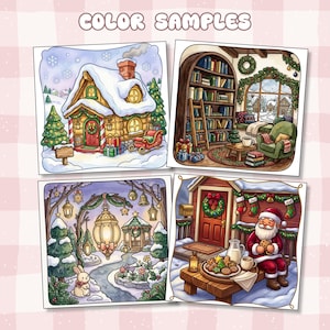 May include: Four square illustrations labeled COLOR SAMPLES featuring Christmas scenes: a snow-covered log cabin, a cozy library with a bookshelf, a winter garden with a glowing lantern and rabbit, and Santa Claus eating cookies on a porch.