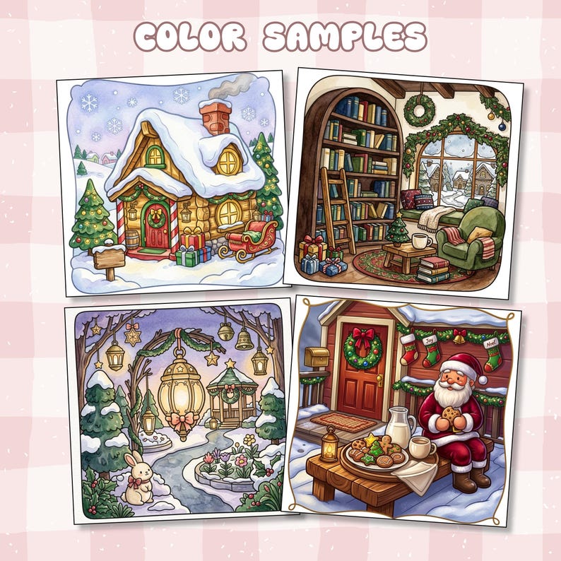 May include: Four square illustrations labeled COLOR SAMPLES featuring Christmas scenes: a snow-covered log cabin, a cozy library with a bookshelf, a winter garden with a glowing lantern and rabbit, and Santa Claus eating cookies on a porch.