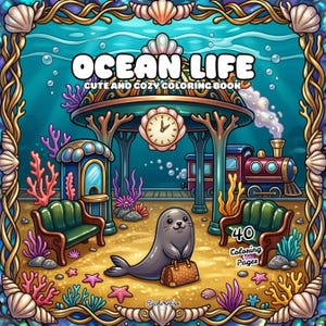 Puede incluir: Un libro para colorear titulado OCEAN LIFE CUTE AND COZY COLORING BOOK que muestra una escena de estación de tren submarina con una foca sosteniendo un bolso marrón estampado, un tren de vapor, bancos y un reloj, enmarcado por conchas doradas y coral.
