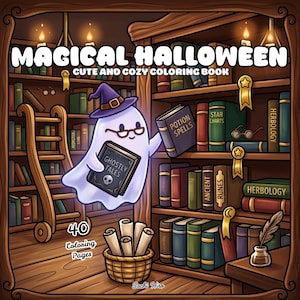 Puede incluir: Una portada de libro para colorear titulada MAGICAL HALLOWEEN CUTE AND COZY COLORING BOOK con un fantasma blanco con sombrero morado y gafas, sosteniendo un libro llamado GHOSTLY TALES. La escena muestra una biblioteca de madera con 40 páginas.