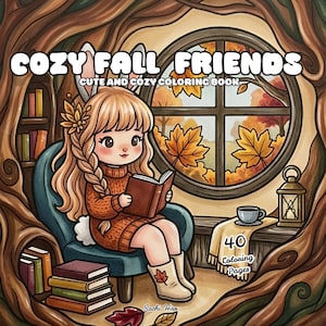 Può includere: Un libro da colorare intitolato Cozy Fall Friends Cute and Cozy Coloring Book con l'illustrazione di un personaggio con orecchie da coniglio che legge in un incavo d'albero. La copertina mostra 40 Coloring Pages, una finestra e una lanterna.