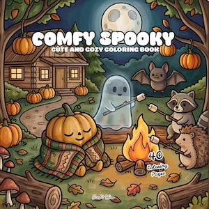 Pode incluir: Um livro de colorir intitulado COMFY SPOOKY CUTE AND COZY COLORING BOOK com 40 Coloring Pages. A capa apresenta uma cena de desenho animado com uma abóbora enrolada num cobertor, um fantasma, um morcego, um guaxinim e um ouriço.