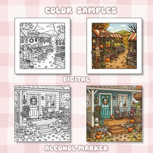 May include: A digital coloring page set featuring four panels labeled COLOR SAMPLES, DIGITAL, and ALCOHOL MARKER. The top panels show a pumpkin farm stand, while the bottom panels depict a farmhouse porch with rocking chairs, pumpkins, and chickens.