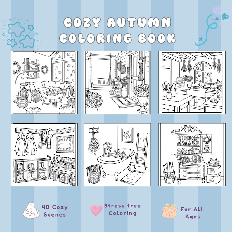 May include: A coloring book titled COZY AUTUMN COLORING BOOK with a light blue striped background. It features six black and white line art illustrations of interior and exterior scenes, including a living room, porch, kitchen, mudroom, bathroom, and hutch.