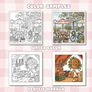May include: A digital coloring page set featuring four square illustrations. The top row shows a coffee shop scene with a bicycle and tables. The bottom row depicts an attic room with a rocking horse, trunks, and pumpkins, shown in both line art and color.