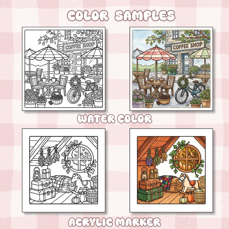 May include: A digital coloring page set featuring four square illustrations. The top row shows a coffee shop scene with a bicycle and tables. The bottom row depicts an attic room with a rocking horse, trunks, and pumpkins, shown in both line art and color.