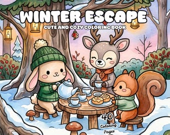 May include: A colouring book titled Winter Escape Cute and Cozy Colouring Book featuring a watercolour illustration of a rabbit, deer, and squirrel having tea in a snowy forest. The cover includes the text 40 Colouring Pages and Sachi Hiro.