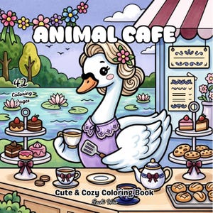 May include: A coloring book cover titled ANIMAL CAFE featuring a white swan wearing a purple dress and a flower in its hair. The swan holds a teacup in a cafe setting with tiered dessert stands, pastries, a teapot, and a lake in the background.