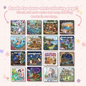 May include: A collection of sixteen square coloring books featuring diverse themes like Animal Cafe, Mythical Creatures, Kawaii Monsters, Mediterranean Escapes, Cozy Friends, Summer Escapes, Coastal Living, Fantasy Islands, Elves, Spooky Moments, Swear Words, Magical Worlds, Japan, Floral Fantasy, Botanical Portraits, and Cottagecore Spring.