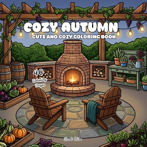 May include: A coloring book cover titled COZY AUTUMN CUTE AND COZY COLORING BOOK with 40 Coloring Pages text. The illustration shows a brick fireplace with a fire, two wooden chairs, a garden with pumpkins, a wooden pergola, and string lights.