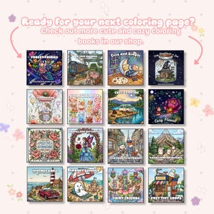 May include: A collection of sixteen square coloring book covers featuring diverse illustrations including forest fairies, tea time, cozy camping, floral themes, vintage cars, and spooky summer scenes, with the text Ready for your next coloring page?