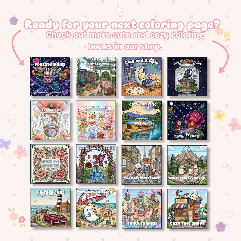 May include: A collection of sixteen square coloring book covers featuring diverse illustrations including forest fairies, tea time, cozy camping, floral themes, vintage cars, and spooky summer scenes, with the text Ready for your next coloring page?