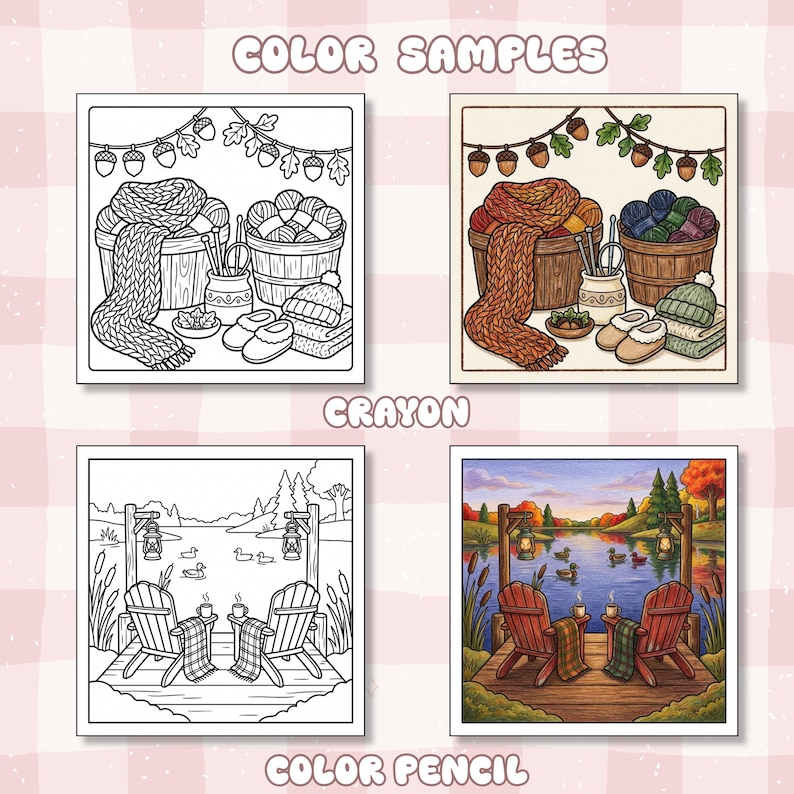 May include: A digital coloring page set featuring four square illustrations labeled COLOR SAMPLES, CRAYON, and COLOR PENCIL. The top row shows a cozy knitting scene with yarn and a scarf. The bottom row depicts two wooden chairs facing a lake.
