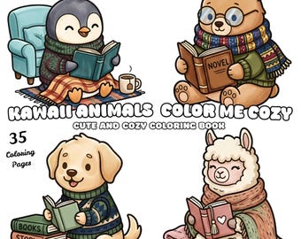 May include: A coloring book titled Kawaii Animals Color Me Cozy Cute and Cozy Coloring Book with 35 Coloring Pages. The cover features illustrations of a penguin, a bear, a puppy, and a llama, each reading a book while wearing winter clothing.