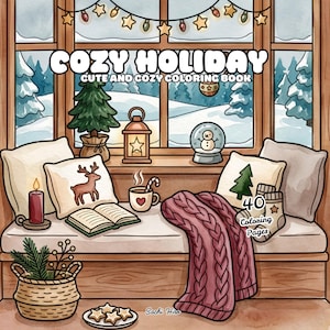 May include: A coloring book titled COZY HOLIDAY CUTE AND COZY COLORING BOOK featuring 40 coloring pages. The cover illustration shows a window seat with a book, a mug, a candle, a lantern, a snow globe, a knit blanket, and a basket of greenery.