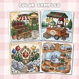 May include: Four square illustrations labeled COLOR SAMPLES featuring Christmas themes: a flower shop with poinsettias, a penguin at a hot cocoa stand, a snowy garden with ornaments, and an elf crafting snow globes on a wooden workbench.