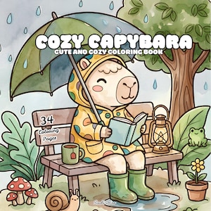 Peut inclure: Un livre de coloriage intitulé COZY CAPYBARA CUTE AND COZY COLORING BOOK avec 34 Coloring Pages. La couverture montre un capybara portant un imperméable jaune à pois et des bottes vertes, assis sur un banc sous un parapluie, lisant un livre.