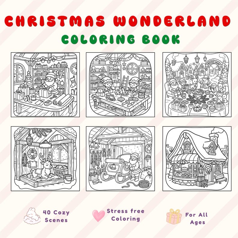 May include: A Christmas Wonderland coloring book featuring the text CHRISTMAS WONDERLAND COLORING BOOK at the top. It displays six black and white line art illustrations of holiday scenes, including Santa, elves, reindeer, and a snowy village.