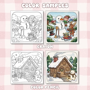 May include: A set of four coloring pages labeled COLOR SAMPLES, CRAYON, and COLOR PENCIL. The top row shows a snowman, elf, and reindeer in a snowy scene, both outlined and colored. The bottom row shows a log cabin and polar bear, both outlined and colored.