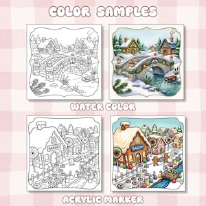 May include: A set of four square coloring pages featuring two distinct winter scenes. The top row shows a stone bridge with holiday decorations, while the bottom row depicts a gingerbread bakery village. Each scene includes a line art and colored version.