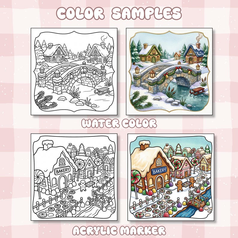 May include: A set of four square coloring pages featuring two distinct winter scenes. The top row shows a stone bridge with holiday decorations, while the bottom row depicts a gingerbread bakery village. Each scene includes a line art and colored version.