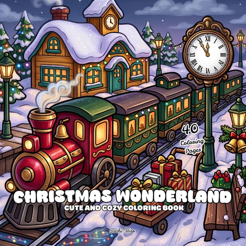 May include: A coloring book titled Christmas Wonderland Cute and Cozy Coloring Book with 40 Coloring Pages. The cover features a red steam train, a wooden station building, a large clock, and a cart filled with wrapped gifts in a snowy setting.