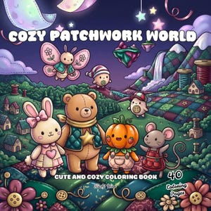以下が含まれることがあります： COZY PATCHWORK WORLDというタイトルの塗り絵の表紙。ベージュのクマ、ピンクのウサギ、カボチャのキャラクター、ネズミが、キルト風の風景、浮かぶ島々、糸巻きと共に描かれており、CUTE AND COZY COLORING BOOK 40 Coloring Pagesという文字が記されています。